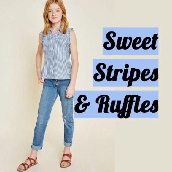 NWOT HAYDEN Girls Blue Stripe Sleeveless Button Top (M) - Picture 3 of 10